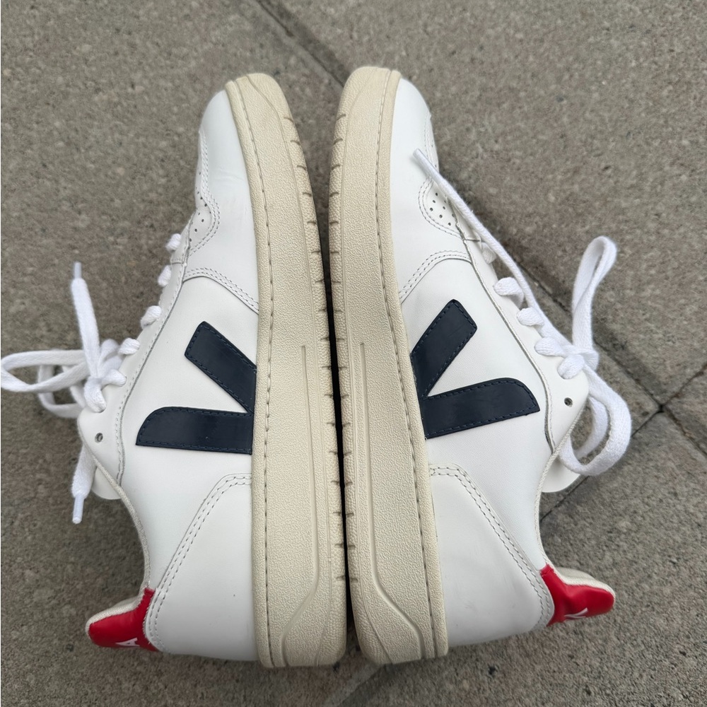 Veja White Leather Sneakers with Navy V and Red Heel Tab - Picture 5 of 10